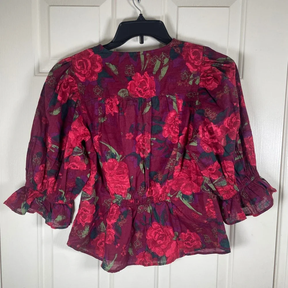 Free People I Found You Top Blouse Button Flounce Cuff Smocked Trim Curved Hem M